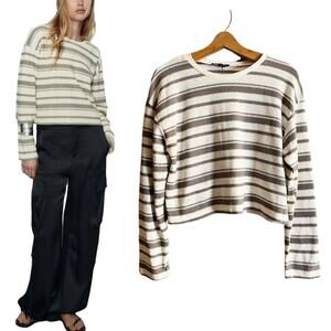ZARA Crop Rustic Sweater Striped Long Sleeves Cotton White Gray Crew Neck Medium